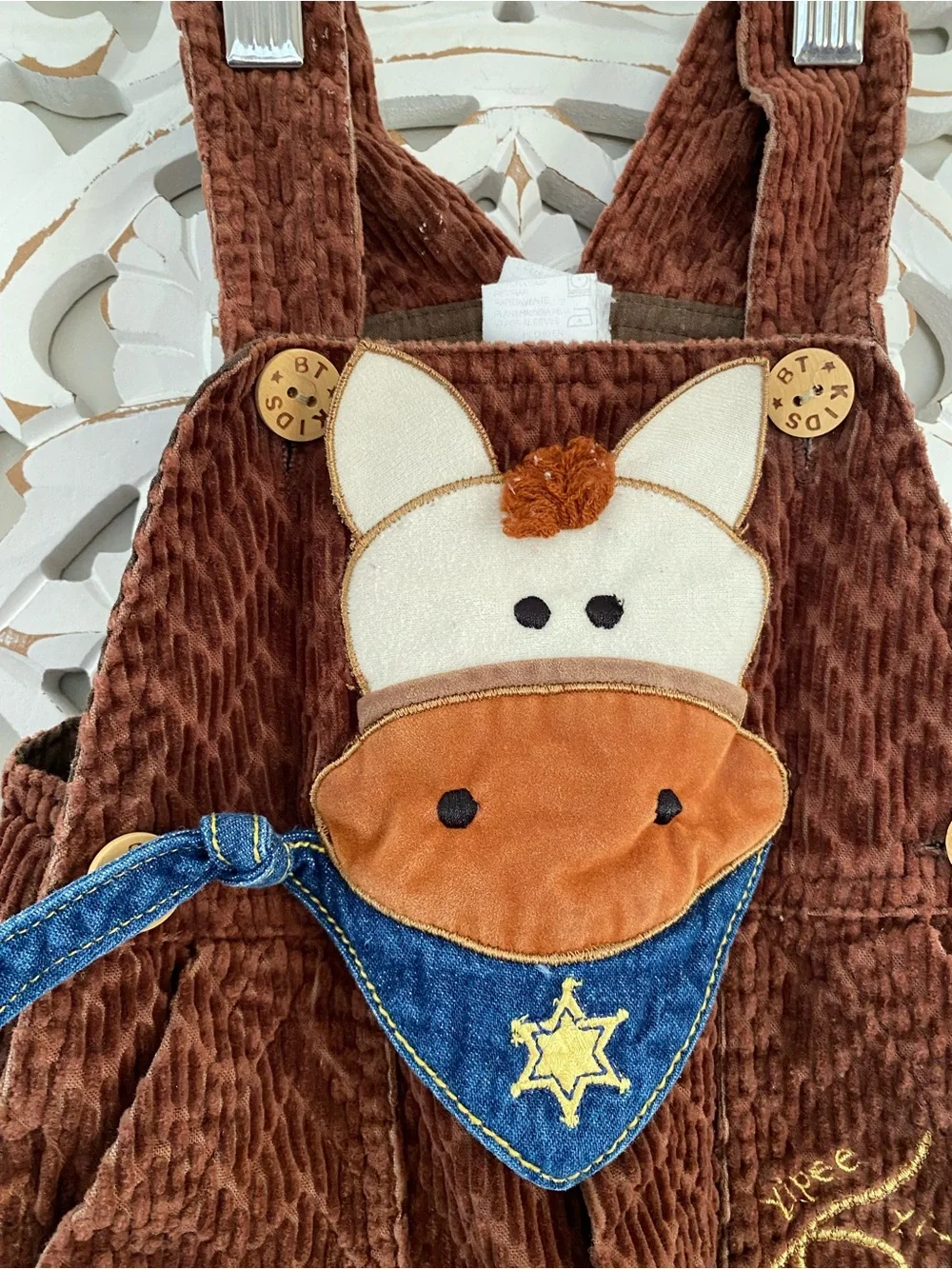 Vintage Baby 3-6 Months Brown Corduroy Western Cowboy Horse Overalls VTG
